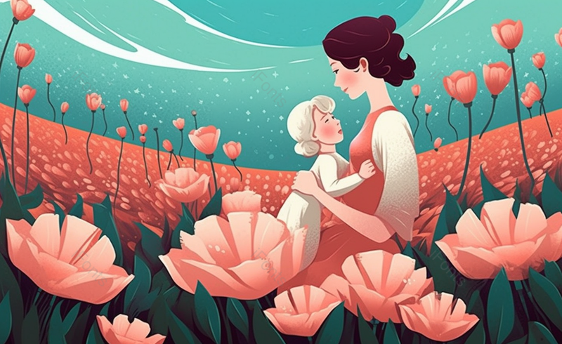 花海母女相拥温馨画面母亲节手绘场景,插画/手绘图,插画/手绘图库,插画/手绘图下载,插画/手绘